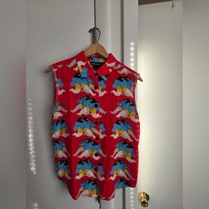 Nooworks Dancing Ladies Sleevless Muscle Button Up Red Shirt Size Small